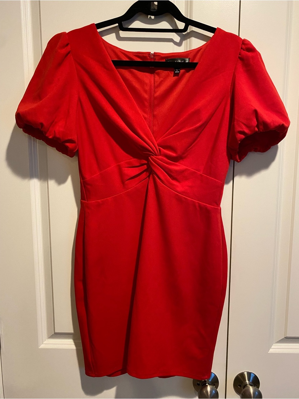Crystal Doll Red Twist-Knot Puff Sleeve Mini Dress